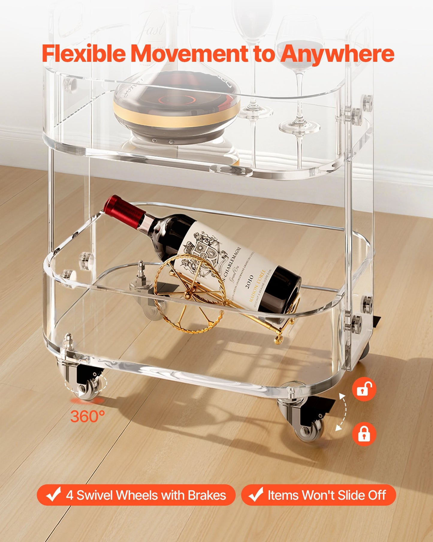 Akrylbord med hjul, mobilt vagnsbord med 2 nivåer, modernt rullande förvaringsskrivbord i akryl, genomskinligt nattduksbord, för vardagsrum, sovrum, bar, kontor, 30,5 x 41,6 x 48 cm (genomskinlig)