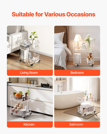 Akrylbord med hjul, mobilt vagnsbord med 2 nivåer, modernt rullande förvaringsskrivbord i akryl, genomskinligt nattduksbord, för vardagsrum, sovrum, bar, kontor, 30,5 x 41,6 x 48 cm (genomskinlig)