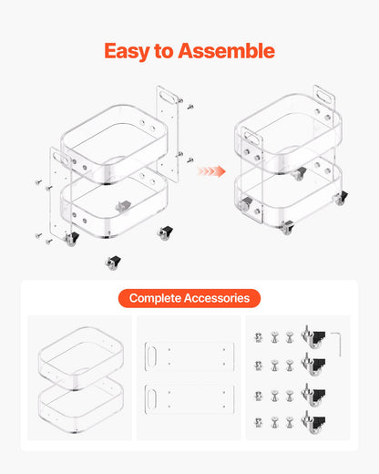 Akrylbord med hjul, mobilt vagnsbord med 2 nivåer, modernt rullande förvaringsskrivbord i akryl, genomskinligt nattduksbord, för vardagsrum, sovrum, bar, kontor, 30,5 x 41,6 x 48 cm (genomskinlig)