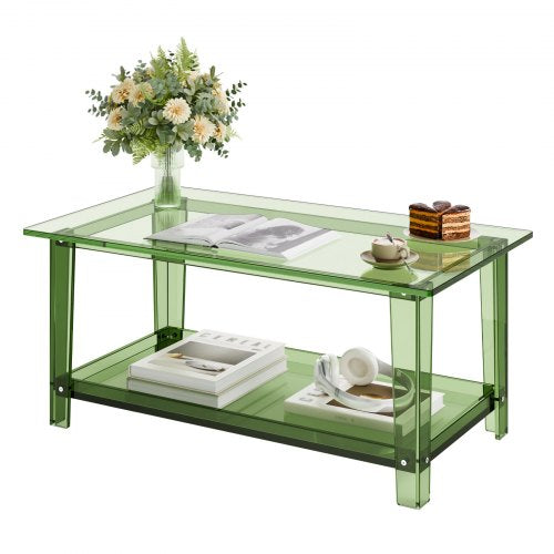 Acrylic Coffee Table, 2 Tiers Center Table with Storage Shelf, Modern Rectangle Acrylic Coffee Desk, Ideal for Dining Room, Kitchen Island, Restaurant, Office, 50 x 80 x 40 cm (Green)