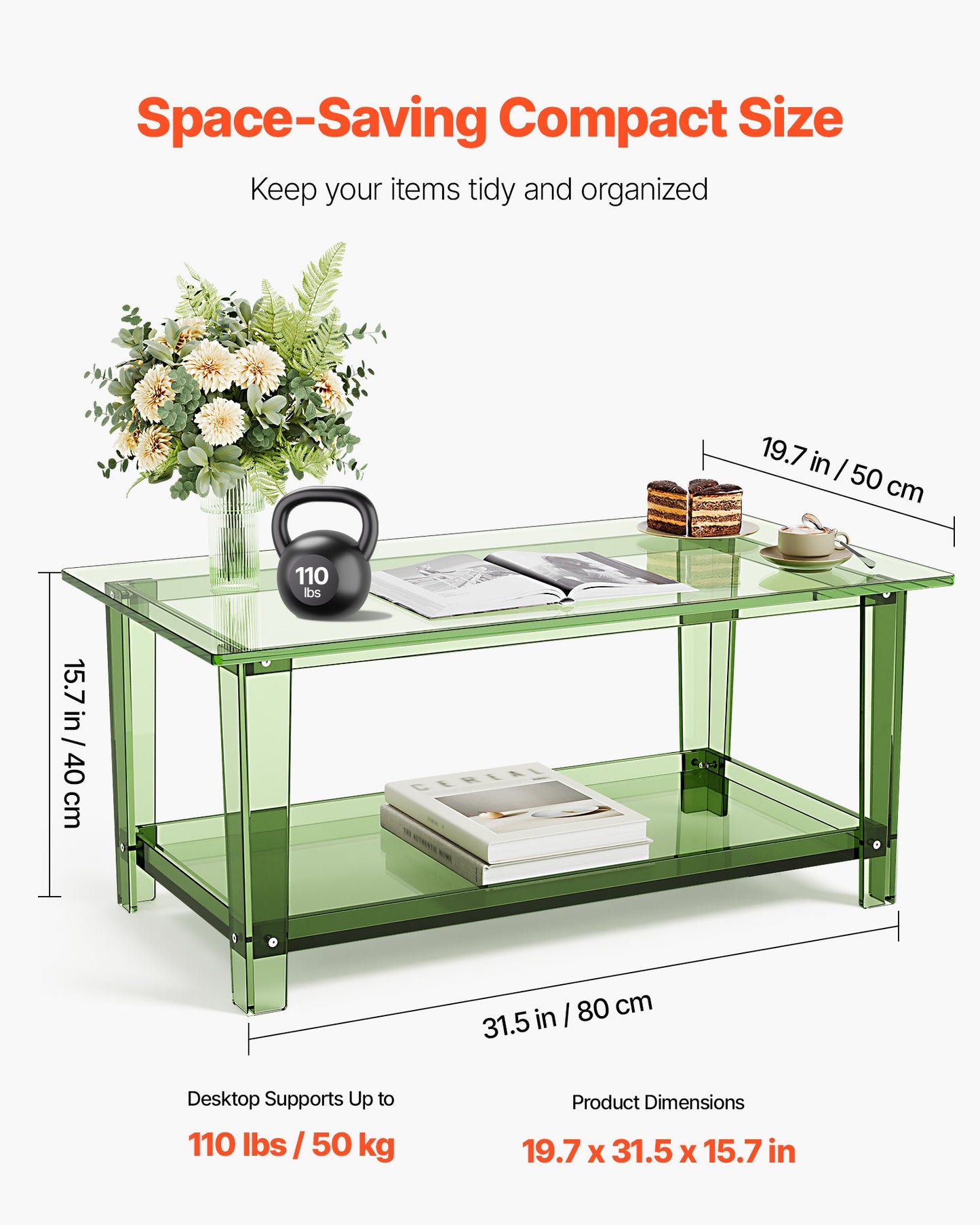 Acrylic Coffee Table, 2 Tiers Center Table with Storage Shelf, Modern Rectangle Acrylic Coffee Desk, Ideal for Dining Room, Kitchen Island, Restaurant, Office, 50 x 80 x 40 cm (Green)