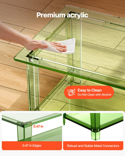 Acrylic Coffee Table, 2 Tiers Center Table with Storage Shelf, Modern Rectangle Acrylic Coffee Desk, Ideal for Dining Room, Kitchen Island, Restaurant, Office, 50 x 80 x 40 cm (Green)