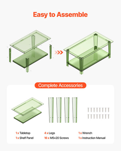 Acrylic Coffee Table, 2 Tiers Center Table with Storage Shelf, Modern Rectangle Acrylic Coffee Desk, Ideal for Dining Room, Kitchen Island, Restaurant, Office, 50 x 80 x 40 cm (Green)