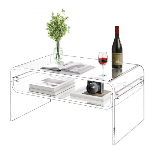 Soffbord i akryl, mittbord i två nivåer med förvaringshylla, modernt rektangulärt soffbord i akryl, perfekt för matsal, köksö, restaurang, kontor, 50 x 80 x 38 cm (transparent)
