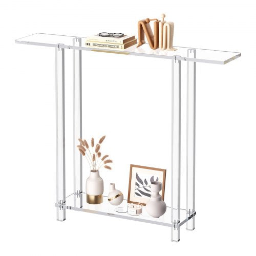 Akrylkonsolbord, 2 våningar smalt sidobord med öppen förvaring i botten, modernt rektangulärt sidobord i akryl, transparent entrébord för foajé, hall, vardagsrum, 19,3 x 100 x 80 cm (transparent)