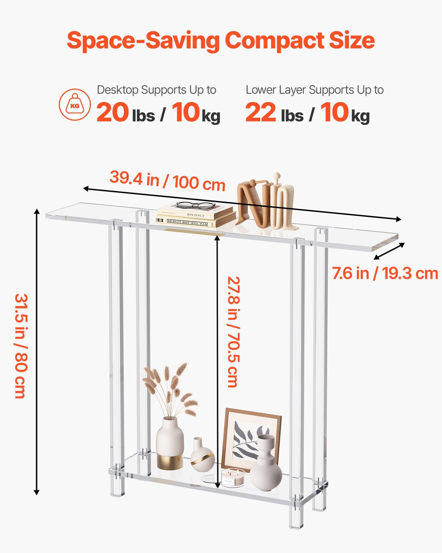 Akrylkonsolbord, 2 våningar smalt sidobord med öppen förvaring i botten, modernt rektangulärt sidobord i akryl, transparent entrébord för foajé, hall, vardagsrum, 19,3 x 100 x 80 cm (transparent)