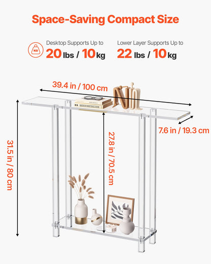 Akrylkonsolbord, 2 våningar smalt sidobord med öppen förvaring i botten, modernt rektangulärt sidobord i akryl, transparent entrébord för foajé, hall, vardagsrum, 19,3 x 100 x 80 cm (transparent)