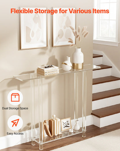 Akrylkonsolbord, 2 våningar smalt sidobord med öppen förvaring i botten, modernt rektangulärt sidobord i akryl, transparent entrébord för foajé, hall, vardagsrum, 19,3 x 100 x 80 cm (transparent)