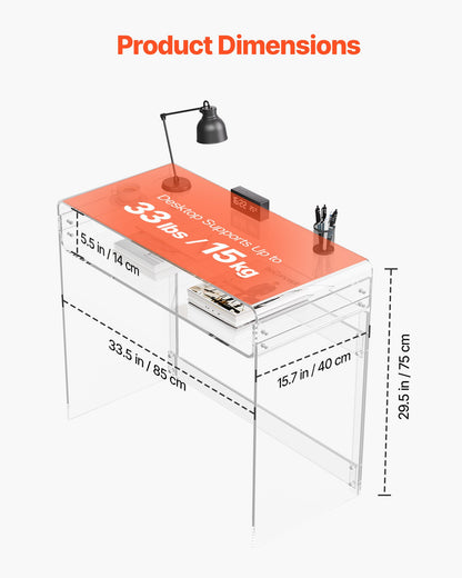 Akrylbord, 2 våningar genomskinligt sidobord med förvaringshylla, modernt rektangulärt akryl sidoskrivbord, transparent tjockt nattduksbord för sovrum, kontor, vardagsrum, 40 x 85 x 75 cm (genomskinlig)