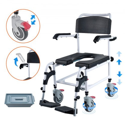 Shower Commode Wheelchair with 4 Lockable Wheels, Footrests, Flip-up Arms, 3-Level Adjustable Height, 5L Removable Bucket, 350 LBS Capacity, Commode Chair for Adults Seniors