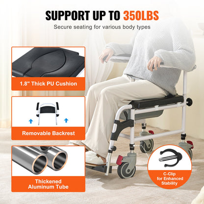 Shower Commode Wheelchair with 4 Lockable Wheels, Footrests, Flip-up Arms, 3-Level Adjustable Height, 5L Removable Bucket, 350 LBS Capacity, Commode Chair for Adults Seniors