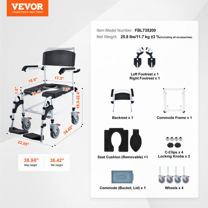 Shower Commode Wheelchair with 4 Lockable Wheels, Footrests, Flip-up Arms, 3-Level Adjustable Height, 5L Removable Bucket, 350 LBS Capacity, Commode Chair for Adults Seniors