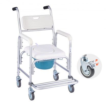 Bedside Commode Chair with Wheels, 159 kg Capacity, 4-in-1 Portable Toilet and Raised Toilet Seat with Padded Seat/Backrest/Flip-up Footrest, Detachable 5L Bucket, Shower Wheelchair for Seniors