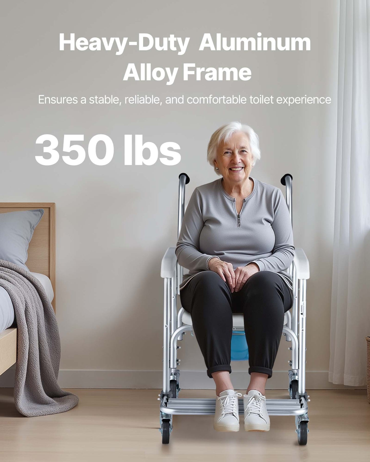 Bedside Commode Chair with Wheels, 159 kg Capacity, 4-in-1 Portable Toilet and Raised Toilet Seat with Padded Seat/Backrest/Flip-up Footrest, Detachable 5L Bucket, Shower Wheelchair for Seniors