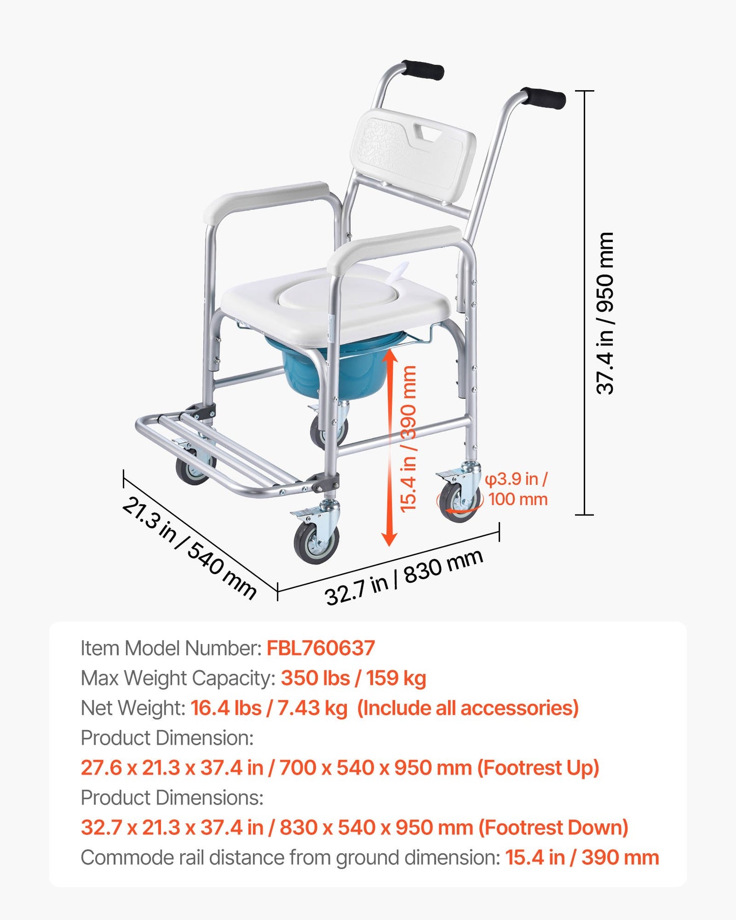 Bedside Commode Chair with Wheels, 159 kg Capacity, 4-in-1 Portable Toilet and Raised Toilet Seat with Padded Seat/Backrest/Flip-up Footrest, Detachable 5L Bucket, Shower Wheelchair for Seniors