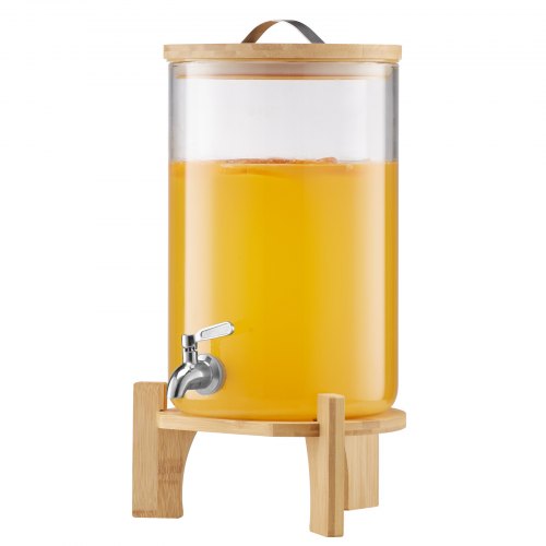 Beverage Dispenser, 8L Drink Dispensers for Parties, Glass Juice Dispenser with Wood Stand, Stainless Steel Spigot, Iced Tea Lemonade Juice Water Dispensers for Parties