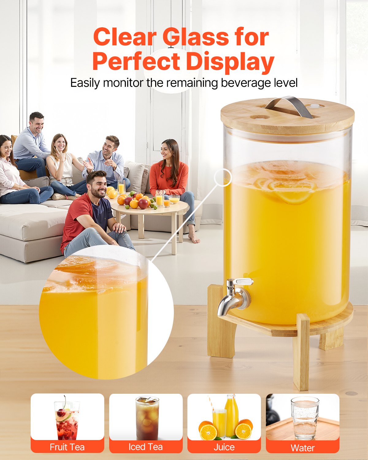 Beverage Dispenser, 8L Drink Dispensers for Parties, Glass Juice Dispenser with Wood Stand, Stainless Steel Spigot, Iced Tea Lemonade Juice Water Dispensers for Parties