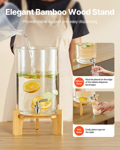 Beverage Dispenser, 8L Drink Dispensers for Parties, Glass Juice Dispenser with Wood Stand, Stainless Steel Spigot, Iced Tea Lemonade Juice Water Dispensers for Parties