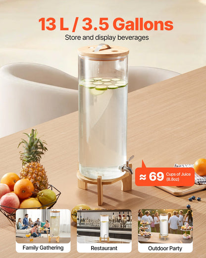 Dryckesdispenser, 13L dryckesdispensrar för fester, Glasjuicedispenser med träställ, Tapp i rostfritt stål, Iste- och citronvattendispensrar för fester