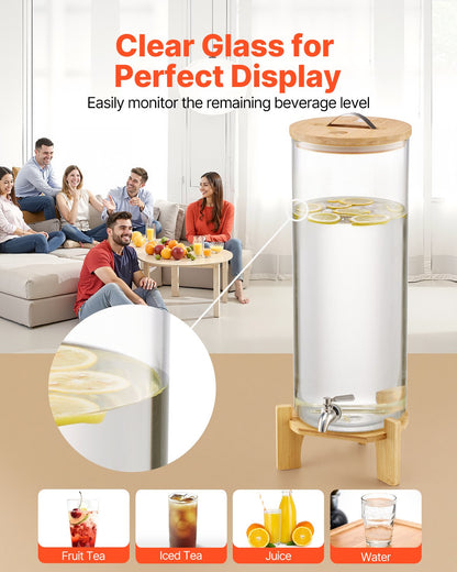 Beverage Dispenser, 13L Drink Dispensers for Parties, Glass Juice Dispenser with Wood Stand, Stainless Steel Spigot, Iced Tea Lemonade Juice Water Dispensers for Parties