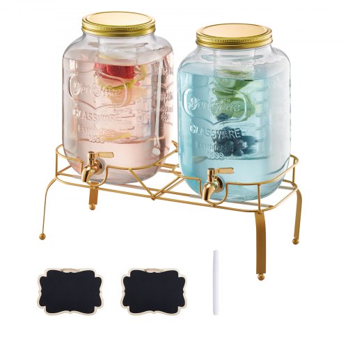 Beverage Dispenser, 2 Pack 8L Drink Dispensers for Parties, Glass Juice Dispenser with Metal Stand, Stainless Steel Spigot, Infuser, Iced Tea Lemonade Juice Water Dispensers for Parties