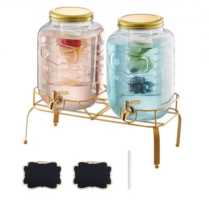 Beverage Dispenser, 2 Pack 8L Drink Dispensers for Parties, Glass Juice Dispenser with Metal Stand, Stainless Steel Spigot, Infuser, Iced Tea Lemonade Juice Water Dispensers for Parties