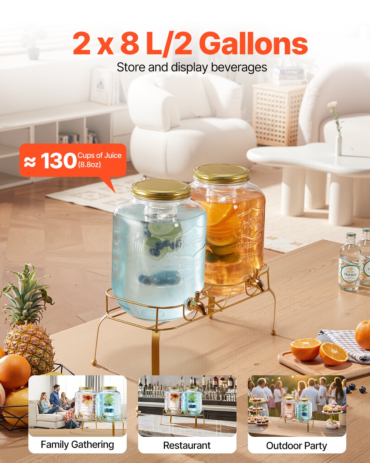 Beverage Dispenser, 2 Pack 8L Drink Dispensers for Parties, Glass Juice Dispenser with Metal Stand, Stainless Steel Spigot, Infuser, Iced Tea Lemonade Juice Water Dispensers for Parties