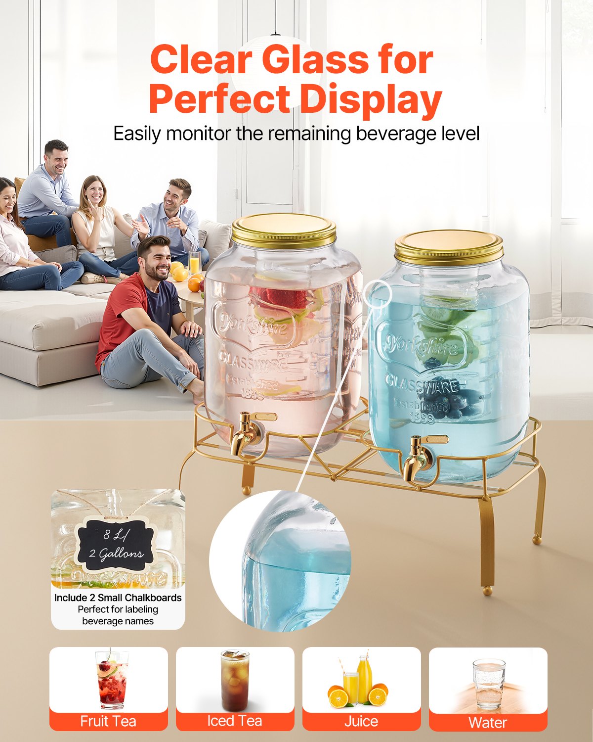 Beverage Dispenser, 2 Pack 8L Drink Dispensers for Parties, Glass Juice Dispenser with Metal Stand, Stainless Steel Spigot, Infuser, Iced Tea Lemonade Juice Water Dispensers for Parties