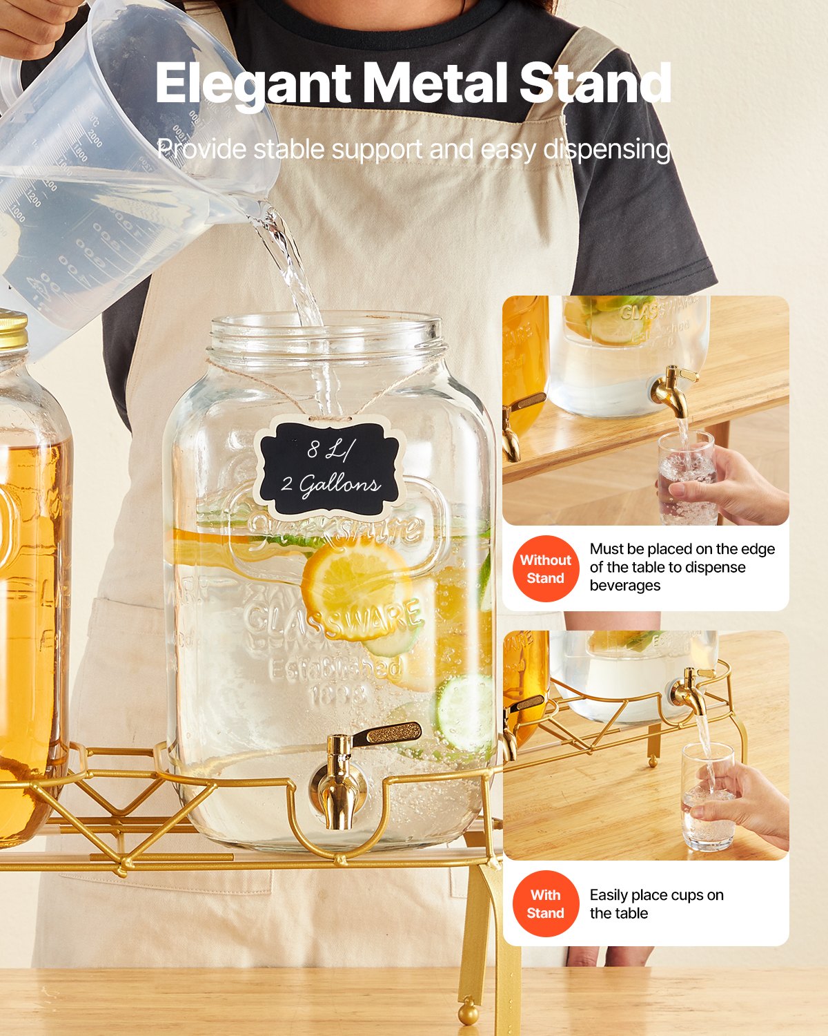 Beverage Dispenser, 2 Pack 8L Drink Dispensers for Parties, Glass Juice Dispenser with Metal Stand, Stainless Steel Spigot, Infuser, Iced Tea Lemonade Juice Water Dispensers for Parties