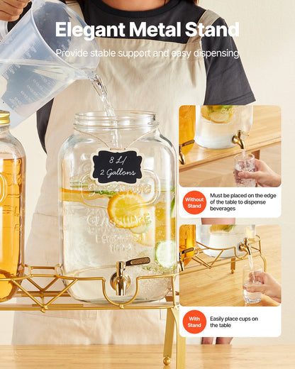 Beverage Dispenser, 2 Pack 8L Drink Dispensers for Parties, Glass Juice Dispenser with Metal Stand, Stainless Steel Spigot, Infuser, Iced Tea Lemonade Juice Water Dispensers for Parties