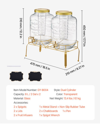 Beverage Dispenser, 2 Pack 8L Drink Dispensers for Parties, Glass Juice Dispenser with Metal Stand, Stainless Steel Spigot, Infuser, Iced Tea Lemonade Juice Water Dispensers for Parties