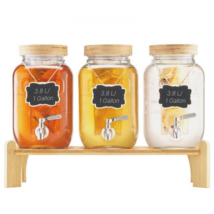 Beverage Dispenser, 3 Pack 3.8L Drink Dispensers for Parties, Glass Juice Dispenser with Wood Stand, Stainless Steel Spigot, Infuser, Iced Tea Lemonade Juice Water Dispensers for Parties
