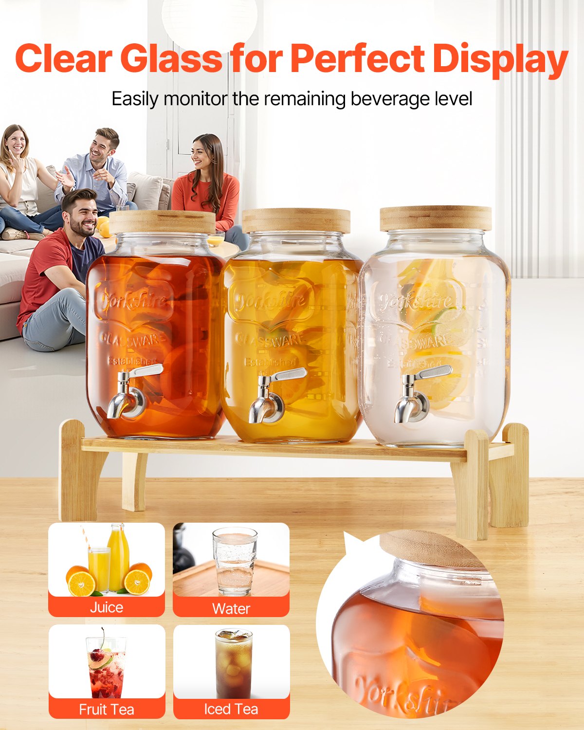 Beverage Dispenser, 3 Pack 3.8L Drink Dispensers for Parties, Glass Juice Dispenser with Wood Stand, Stainless Steel Spigot, Infuser, Iced Tea Lemonade Juice Water Dispensers for Parties