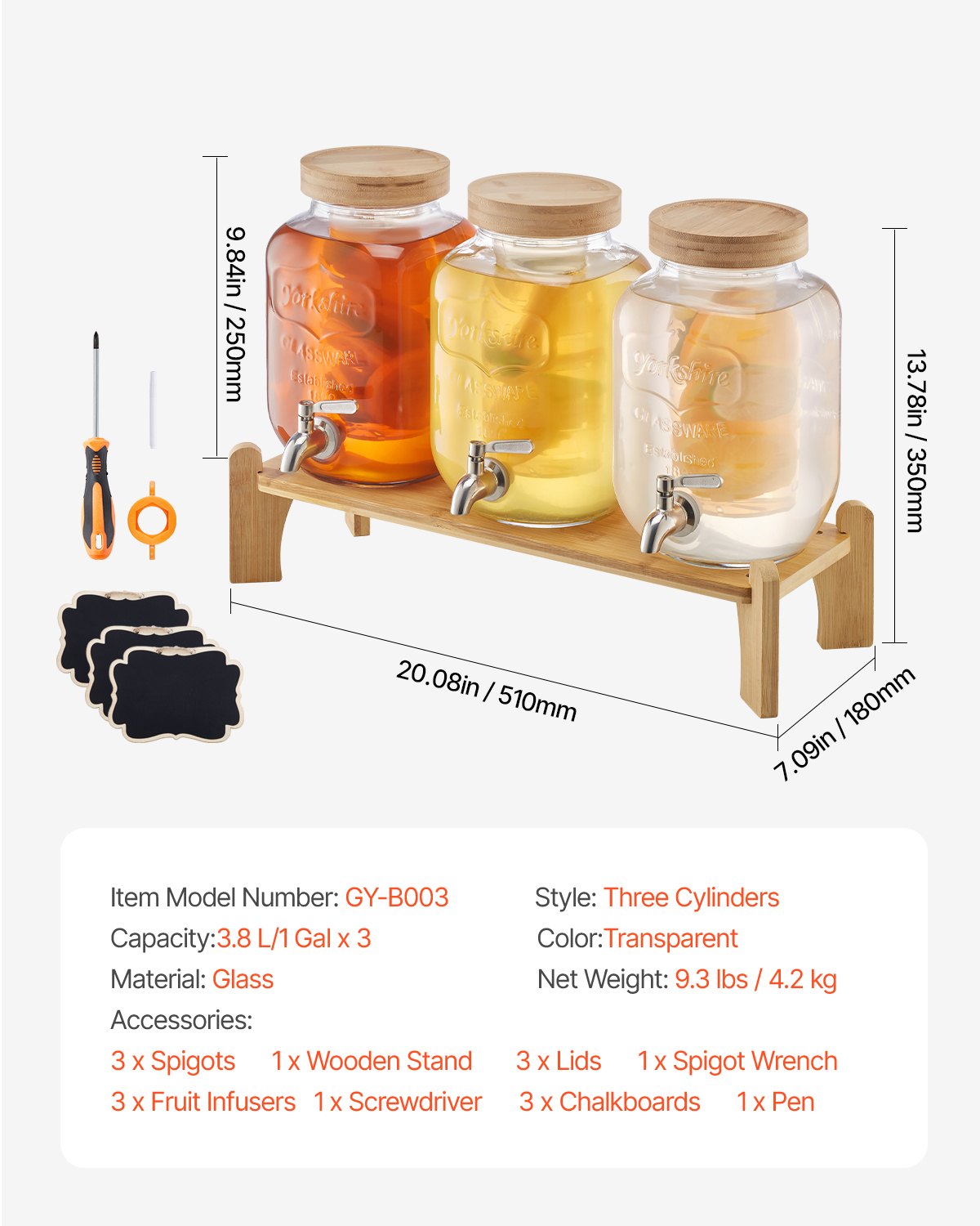 Beverage Dispenser, 3 Pack 3.8L Drink Dispensers for Parties, Glass Juice Dispenser with Wood Stand, Stainless Steel Spigot, Infuser, Iced Tea Lemonade Juice Water Dispensers for Parties