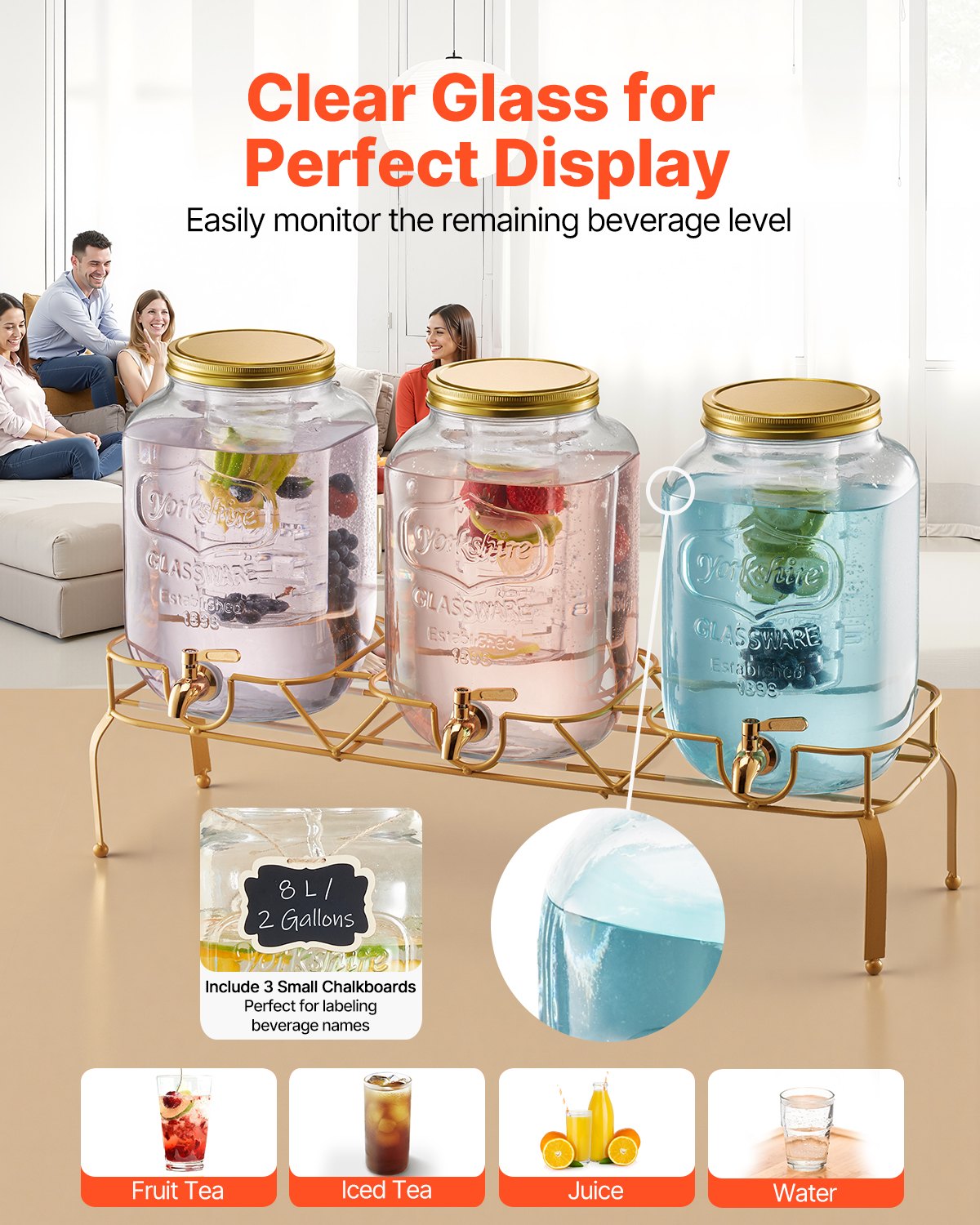 Dryckesdispenser, 3-pack 8L dryckesdispensrar för fester, Glasjuicedispenser med metallställ, Tapp i rostfritt stål, Infuser, Iste- och citronvattendispensrar för fester