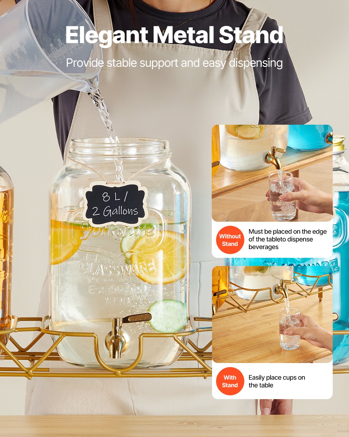 Dryckesdispenser, 3-pack 8L dryckesdispensrar för fester, Glasjuicedispenser med metallställ, Tapp i rostfritt stål, Infuser, Iste- och citronvattendispensrar för fester