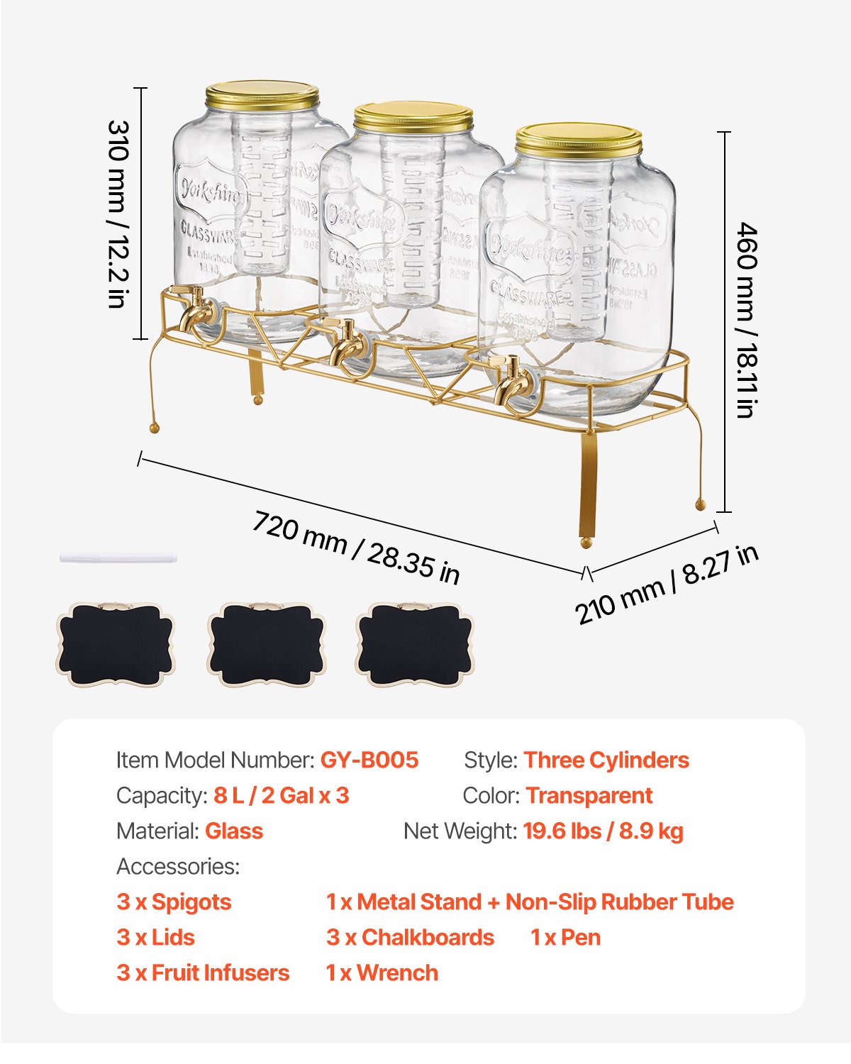 Dryckesdispenser, 3-pack 8L dryckesdispensrar för fester, Glasjuicedispenser med metallställ, Tapp i rostfritt stål, Infuser, Iste- och citronvattendispensrar för fester