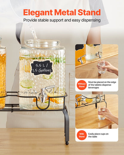 Beverage Dispenser, 2 Pack 5.5L Drink Dispensers for Parties, Glass Juice Dispenser with Metal Stand, Stainless Steel Spigot, Iced Tea Lemonade Juice Water Dispensers for Parties