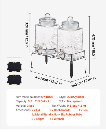 Beverage Dispenser, 2 Pack 5.5L Drink Dispensers for Parties, Glass Juice Dispenser with Metal Stand, Stainless Steel Spigot, Iced Tea Lemonade Juice Water Dispensers for Parties