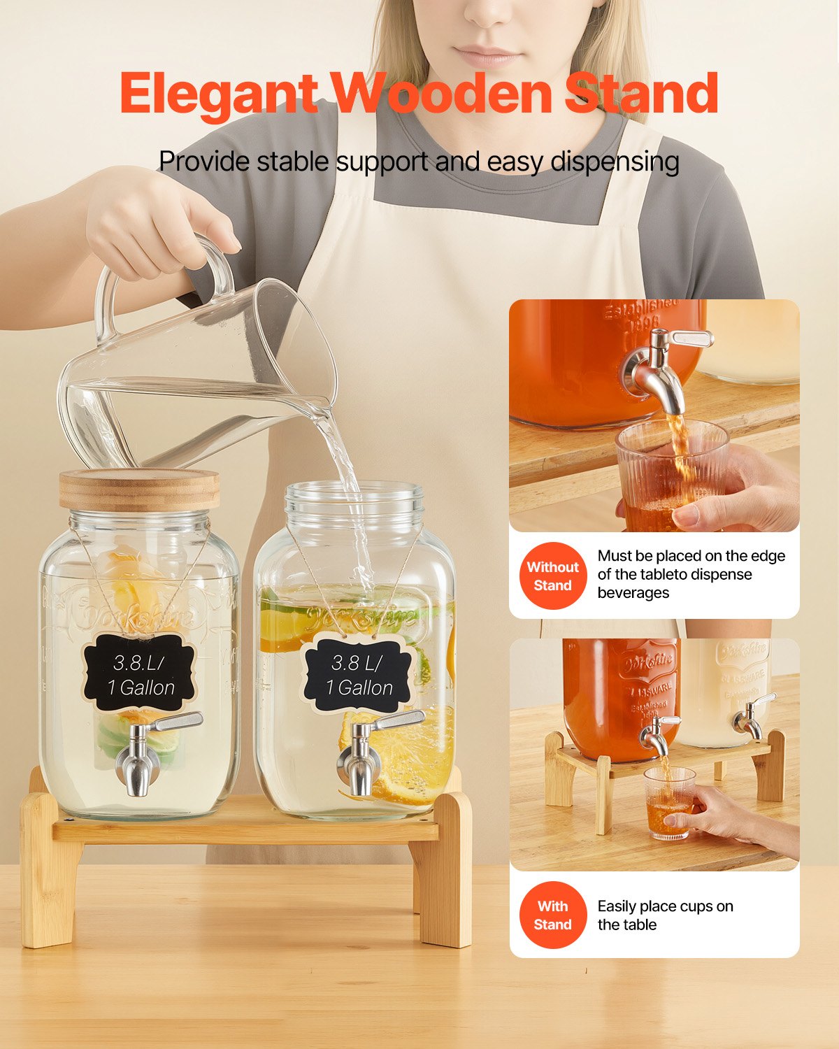 Dryckesdispenser, 2-pack 3,8L dryckesdispensrar för fester, Glasjuicedispenser med träställ, Tapp i rostfritt stål, Infuser, Iste- och citronvattendispensrar för fester