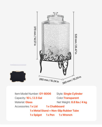 Dryckesdispenser, 10L dryckesdispensrar för fester, Glasjuicedispenser med metallställ, Tapp i rostfritt stål, Iste- och citronvattendispensrar för fester
