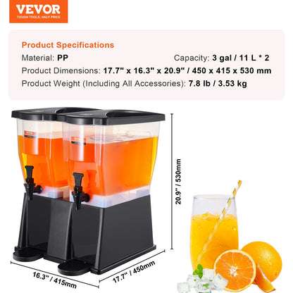 Dryckesdispenser, 3 gallon x 2 dryckesdispensrar för fester, plastjuicedispenser med stativ och lock, iste-citronjuice-vattendispenser, för restauranger, hotell, fester