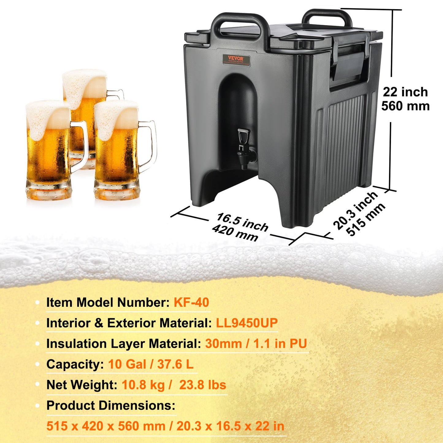 Insulated Beverage Dispenser, 37.9 L, Food-grade LL9450UP Hot and Cold Beverage Server, Thermal Drink Dispenser Cooler with 3 cm PU Layer Two-Stage Faucet Handle, for Restaurant Drink Shop