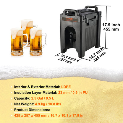 Insulated Beverage Dispenser, 9.5 L, Food-grade LDPE Hot and Cold Beverage Server, Thermal Drink Dispenser Cooler with 2.3 cm PU Layer Two-Stage Faucet Handle, for Restaurant Drink Shop