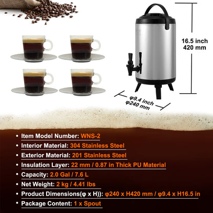 Stainless Steel Insulated Beverage Dispenser, 2 Gallon 7.6 Liter, Thermal Hot and Cold Drink Server Dispenser with Spigot Handle, Food-grade for Hot Tea Coffee Water Restaurant Drink Shop
