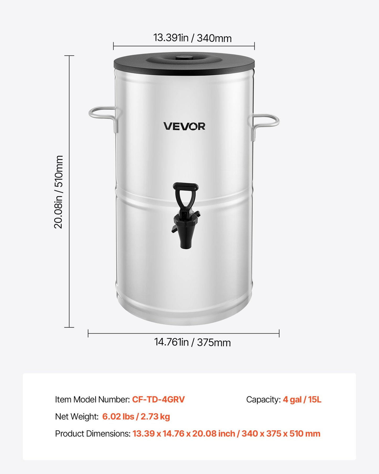 Ice Tea Dispenser, 4 Gal/15L 304 Stainless Steel Beverage Dispenser with Spigot & Handle, Suitable for Hot and Cold Drinks, for Iced Tea Coffee Water in Cafes & Restaurants