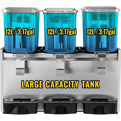 Kommersiell kalldrycksdispenser i rostfritt stål, fruktjuicedrycksdispensrar, 3 tankar, 36,3 l iste-drycksdispenser utrustad med termostat