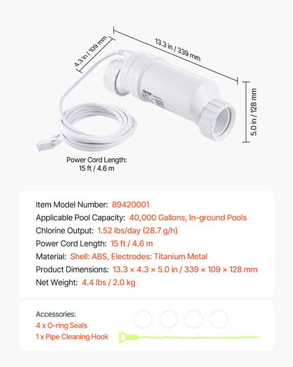 Salt Water Chlorinator System, Pool Chlorination Cell Fits for Hayward W3T-Cell-15 (T15), Pool Cell Salt Water System for In-Ground Swimming Pools up to 40,000 Gallons, 15 ft Power Line, White