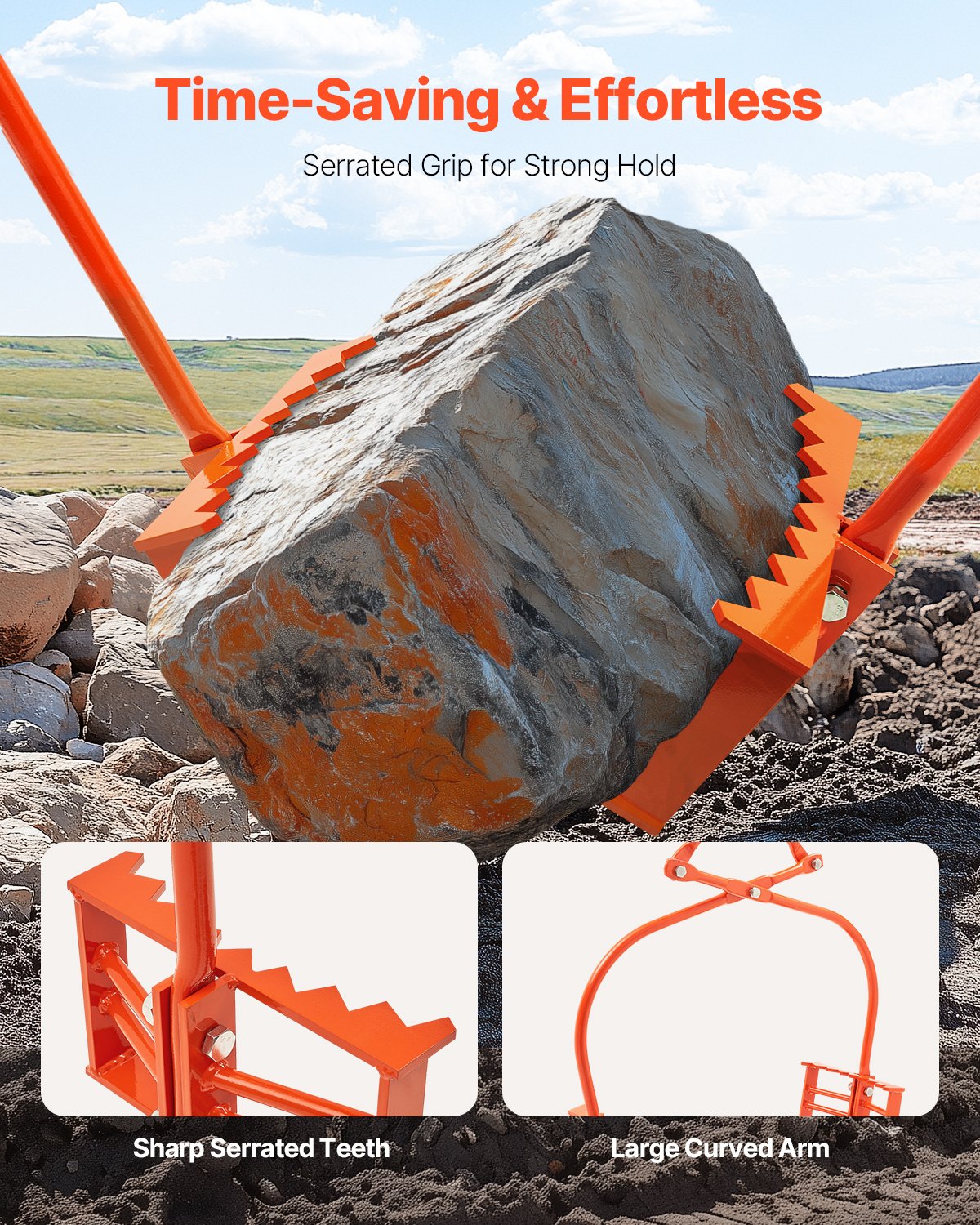 24in Stone Lifting Tongs, 2-Claw Rock Tongs, Heavy Duty Steel Log Tongs, 1100LBS Lifting Capacity, Swivel Log Grapple, Serrated Claw Design, Easy Chain Hook up Tongs for Stone Blocks & Marble