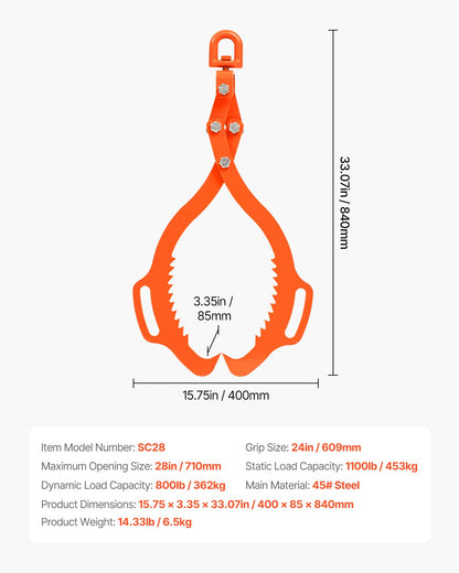 28in Log Lifting Tongs, 2-Claw Log Tongs, Heavy Duty Steel Log Grapple, 1100LBS Lifting Capacity, Swivel Log Graper Timber, Eagle Claw Design, Log Skidding Tongs for Trucks, Tractors, Forklifts